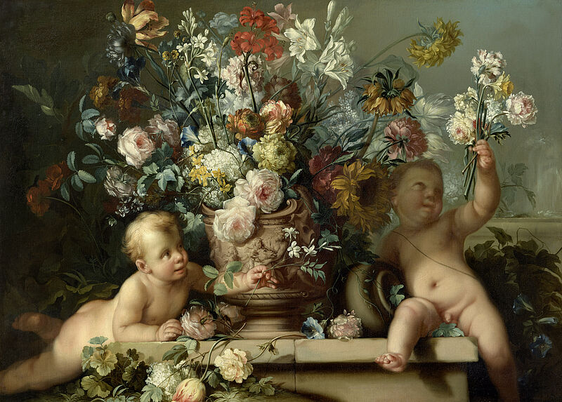 Blumen in Vase mit zwei Putten
