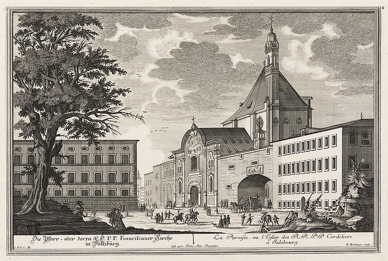 Die Pfarr- oder deren E.E.P.P.Franciscaner Kirche in Saltzburg. / La Paroisse, ou l`Eglise des R.R.P.P.Cordeliers à Salsbourg.