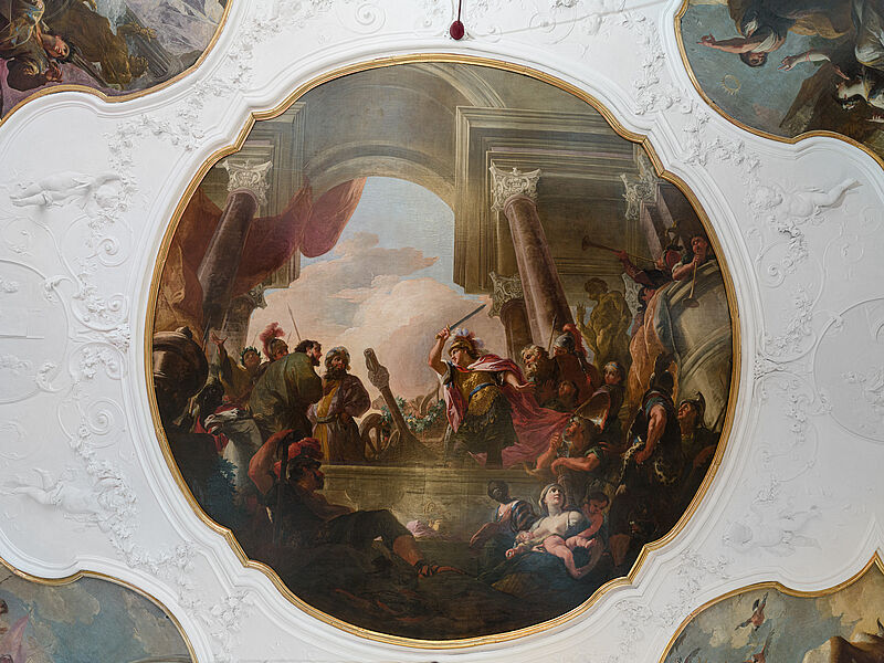 Deckengemälde Mittelbild - Alexander durchtrennt den Gordischen Knoten