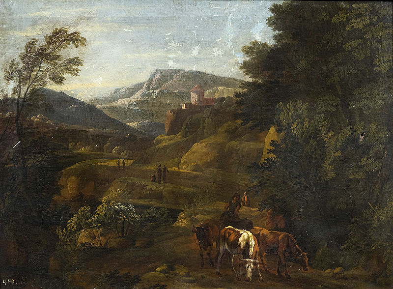 Landschaft mit Hirt und Kühen