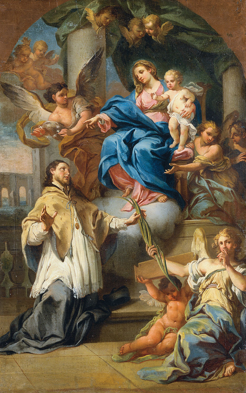 Thronende Madonna mit hl. Johann Nepomuk, dem ein Engel die Märtyrerpalme reicht