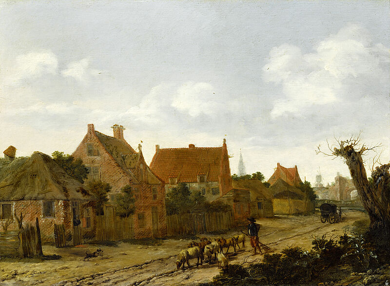 Village Street with Flock of Sheep and Shepherd