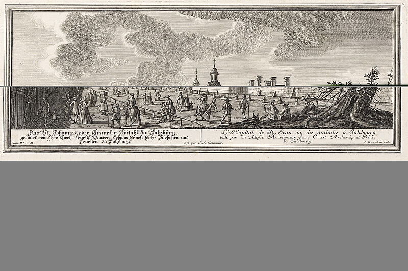 Das St. Johannes oder Krancken Spitahl zu Saltzburg, gebauet von Ihre Hoch-Fürstl. Gnaden Johann Ernest Ertz-Bischoffen und Fürsten zu Saltzburg. /L`Hopital de St. Jean ou des malades à Salsbourg bati par son Altesse Monseigneur Jean Ernest. Archevéque et Prince de Salsbourg.