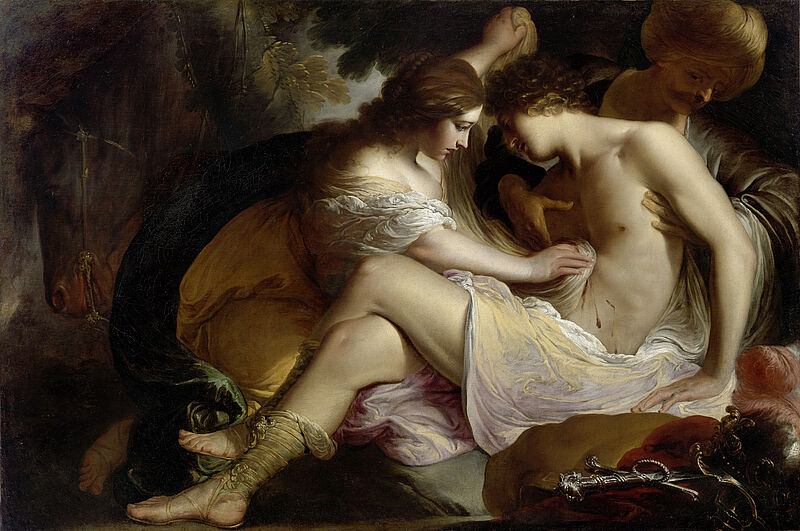 Der verwundete Tankred, von Erminia gepflegt (Szene aus Torquato Tasso (1544–1595): La Gerusalemme liberata (Das befreite Jerusalem))