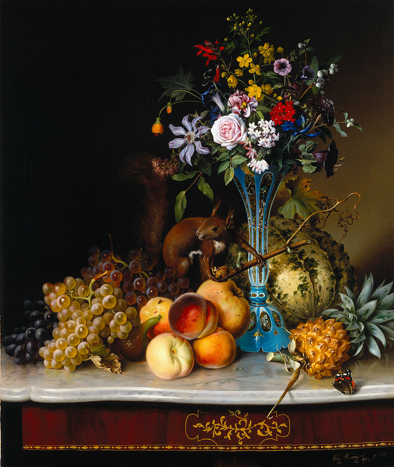 Blumenstillleben mit Eichhörnchen und Früchten