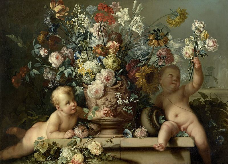 Blumen in Vase mit zwei Putten