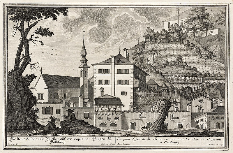 Die kleine S.Johannis Kirchen auf der Capuciner Stiegen zu Saltzburg. / La petite de St.Jean en motant l`escalier des Capucins à Salsbourg.
