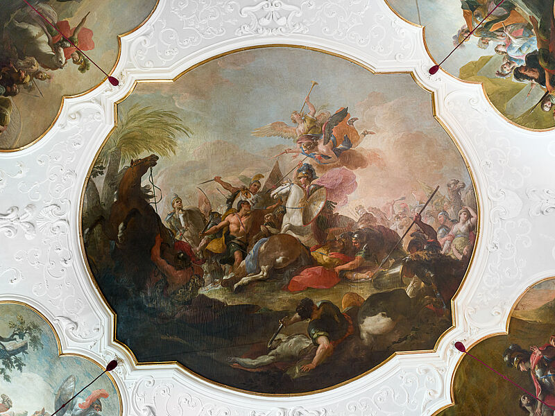 Deckengemälde Mittelbild - Alexander rettet seinem Vater Philipp beim Überfall der Triballer das Leben
