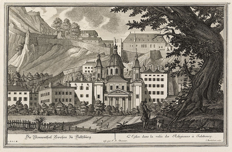 Die Nonnenthal Kirchen zu Saltzburg. / L`Eglise dans la valée des Religieses à Salsbourg.