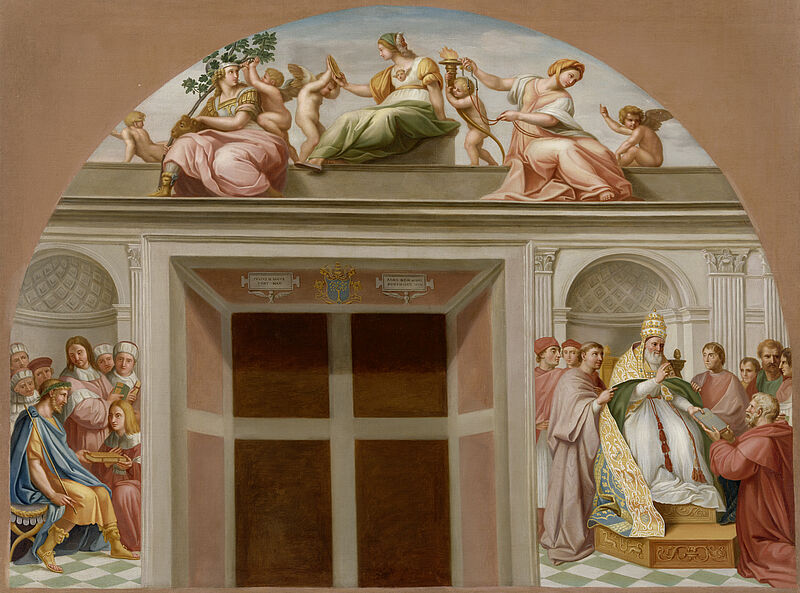 © Residenzgalerie Salzburg, Illustration Fotostudio Ulrich Ghezzi, Oberalm Lunette: Virtues: Fortitude (Fortitudo), Prudence (Prudentia), Temperance (Temperantia), bottom left: Handing over of the Pendects (Corpus iuris civilis) to Emperor Justinian, bottom right: Handing of the Decretals (Corpus iuris canonici) to Pope Gregory IX., Painting after Raphael (1483 – 1520), Stanza della Segnatura, from 1509, Fresco, Vatican Palace, Rome