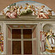 Lunette: Virtues: Fortitude (Fortitudo), Prudence (Prudentia), Temperance (Temperantia), bottom left: Handing over of the Pendects (Corpus iuris civilis) to Emperor Justinian, bottom right: Handing of the Decretals (Corpus iuris canonici) to Pope Gregory IX., Painting after Raphael (1483 – 1520), Stanza della Segnatura, from 1509, Fresco, Vatican Palace, Rome