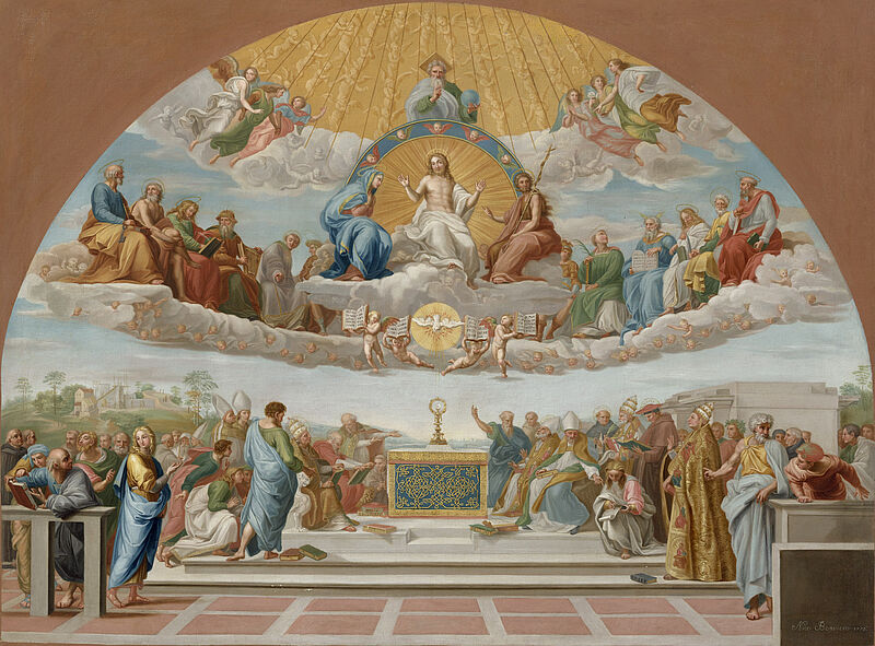 Disputa del Sacramento, Gemälde nach Raffael (1483 – 1520), Stanza della Segnatura, ab 1509, Fresko, Vatikanpalast, Rom