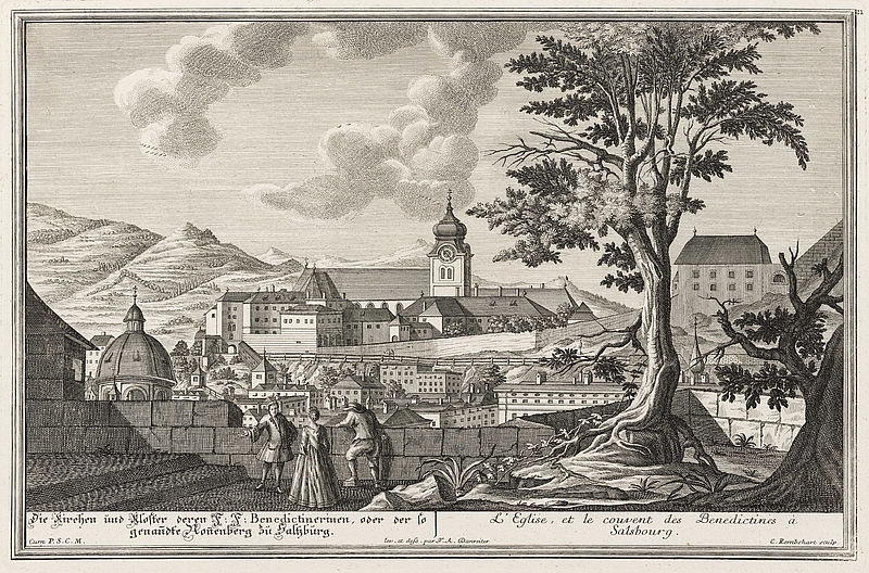 Die Kirchen und Kloster deren F.F.Benedictinerinen, oder der sogenandte Nonenberg zu Saltzburg. / L`Eglise, et le couvent des Benedictines à Salsbourg.