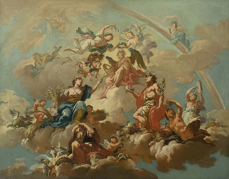 © Residenzgalerie Salzburg, Aufnahme Fotostudio Ulrich Ghezzi, Oberalm Die vier Jahreszeiten, Chronos huldigend (Bozzetto zum Deckenfresko des Saales von Schloss Neuwartenburg, OÖ)