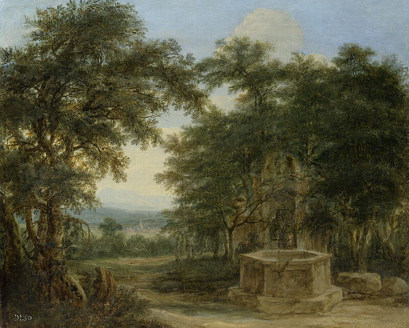 Landschaft mit Bäumen und Brunnen