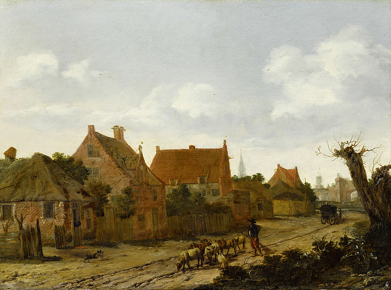 Dorfstrasse mit Schafherde und Schäfer