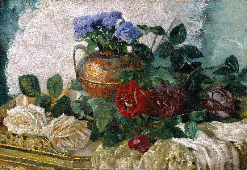 Blumenstillleben mit Rosen und Kupferkanne