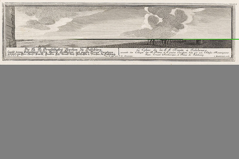 Die H.H.Dreyfaltigkeit Kirchen zu Saltzburg sambt denen wohnungen deren Herrn Geistlichen und jungen Cavalieren, gebauet von Ihre Hoch-Fürstl. Gnaden Joh.Ernest Ertz-Bischoffen u. Fürsten zu Saltzburg. / L`Eglise de la S.S:Trinite à Salsbourg accostée des Colleges des R.Pretes, et S. jeunes Cavaliers, bàti par son Altesse Monseigneur Jean Ernest Archevèque, et Prince de Salsbourg.