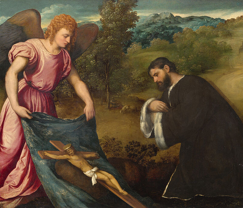 Kniender Stifter vor Kruzifix