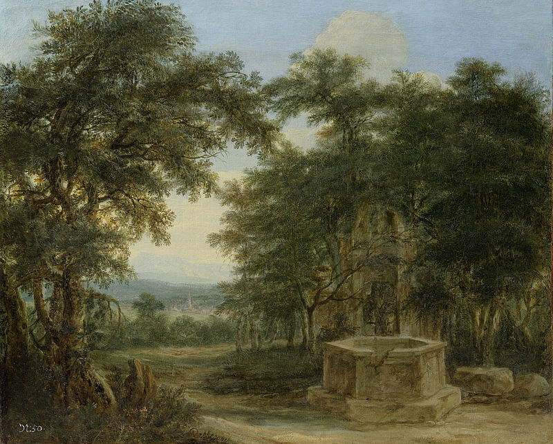 Landschaft mit Bäumen und Brunnen