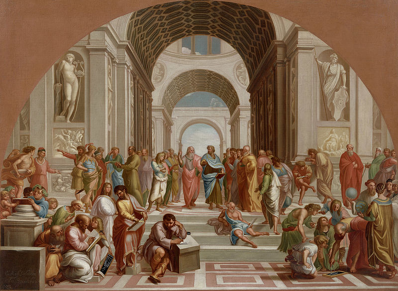 Schule von Athen, Gemälde nach Raffael (1483 – 1520), Stanza della Segnatura, ab 1509, Fresko, Vatikanpalast, Rom