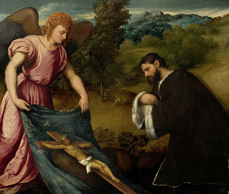 Donor kneeling before a Crucifix