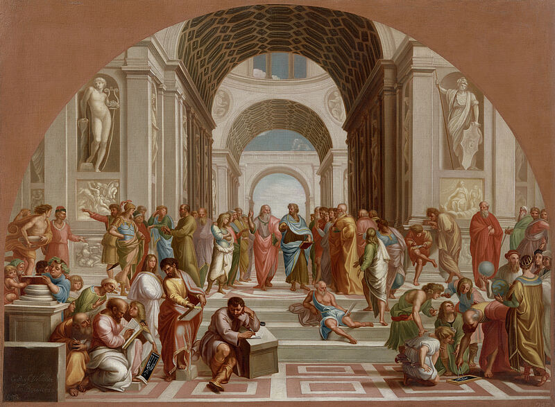 © Residenzgalerie Salzburg, Illustration Fotostudio Ulrich Ghezzi, Oberalm School of Athens, Painting after Raphael (1483 – 1520), Stanza della Segnatura, from 1509, Fresco, Vatican Palace, Rome