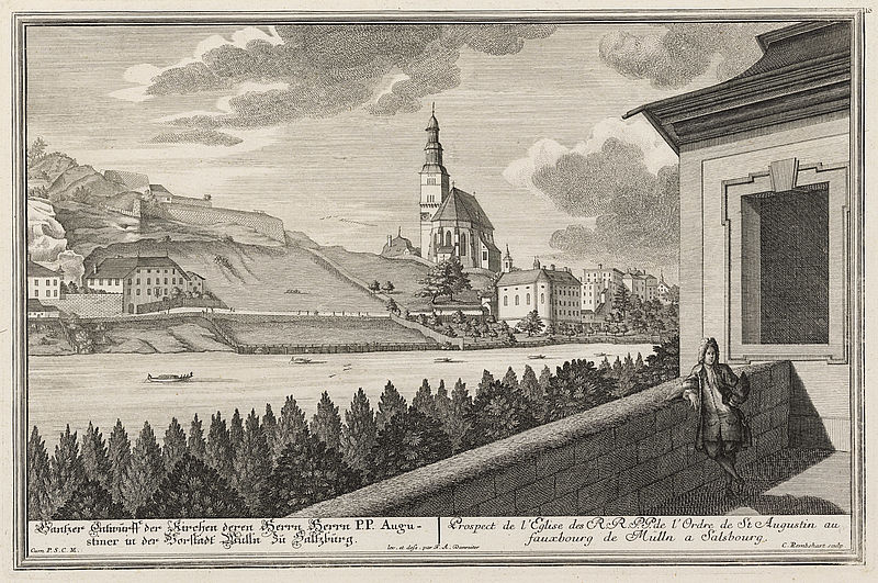 Gantzer Entwurff der Kirchen deren Herrn Herrn P.P. Augustiner in der Vorstadt Mülln zu Saltzburg. / Prospect de l `Eglise des R.R.P.P. de l`Ordre de St. Augustin au fauxbourg de Mülln à Saksbourg.