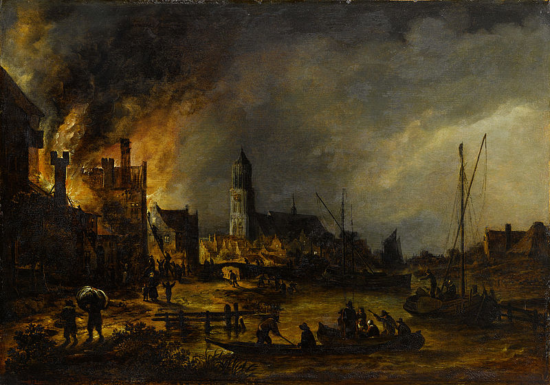 Fire in a Town at Night