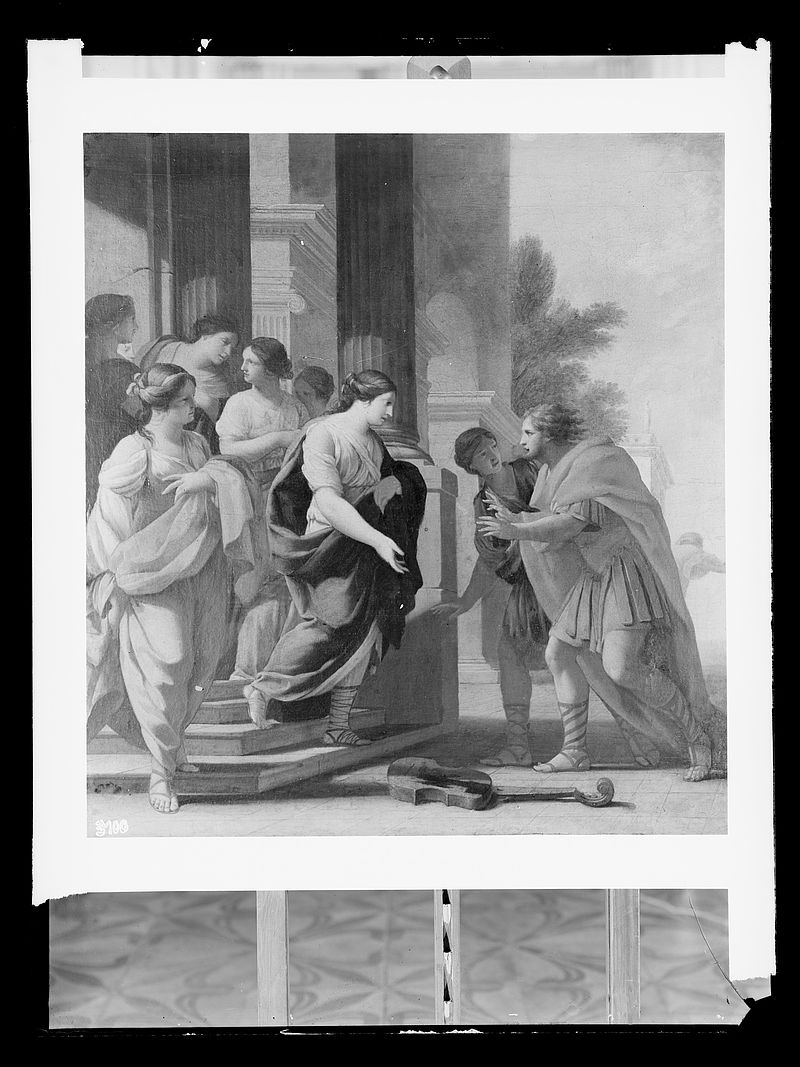 Wolfrum glass plate - Eustache Le Sueur, Poliphilo encounters the Nymph Philtronia, scene from Francesco Colonna's "Hypnerotomachia Poliphili"