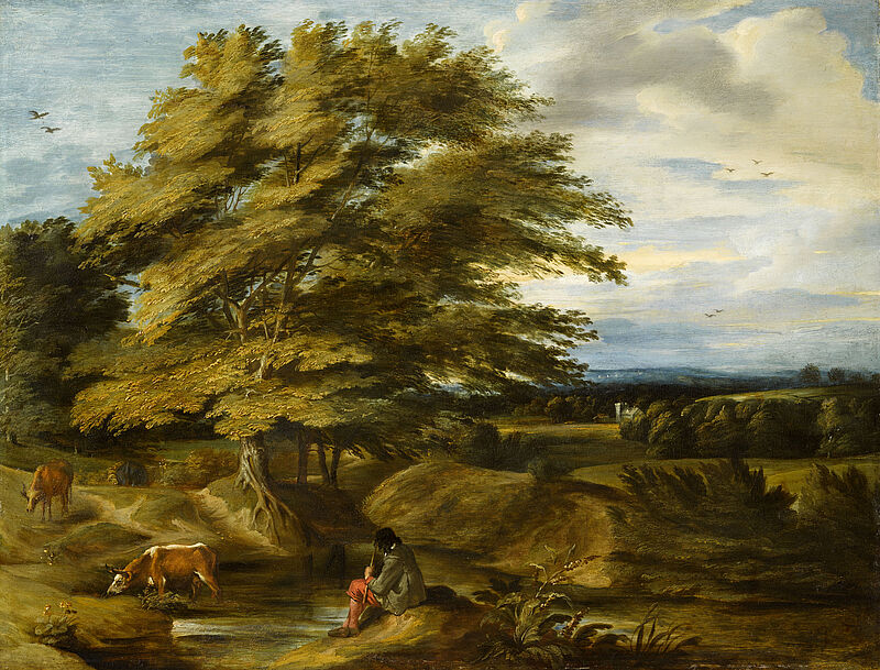 Baumreiche Landschaft mit Hirt und Herde
