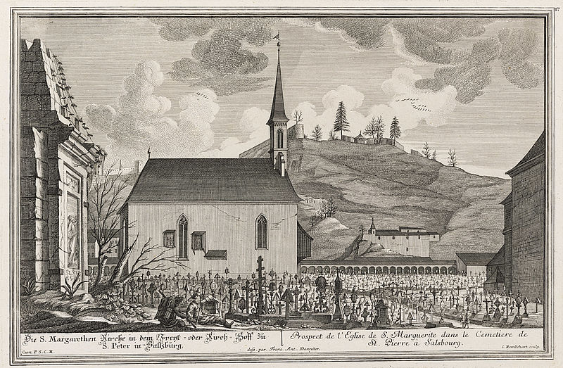 Die S.Margarethen Kirche in dem Freyt- oder Kirch-Hoff zu S. Peter in Saltzburg. / Prospect de l`Eglise de S. Marguerite dans le Cemetiere de St.Pierre à Salsbourg.