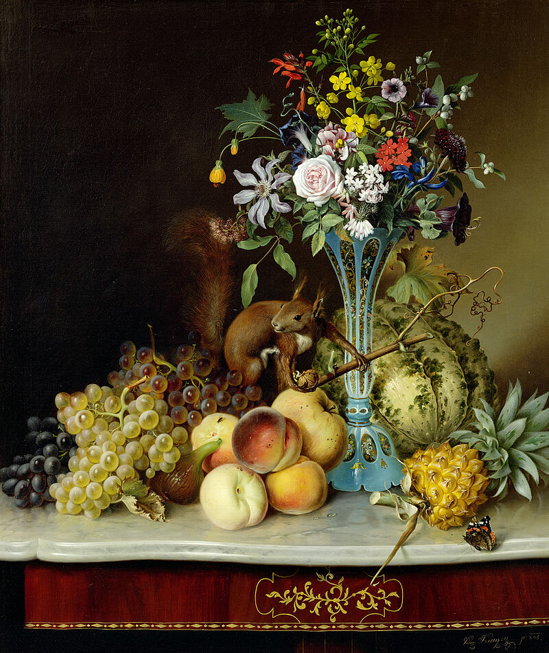 © Residenzgalerie Salzburg, Aufnahme Fotostudio Ulrich Ghezzi, Oberalm Blumenstillleben mit Eichhörnchen und Früchten