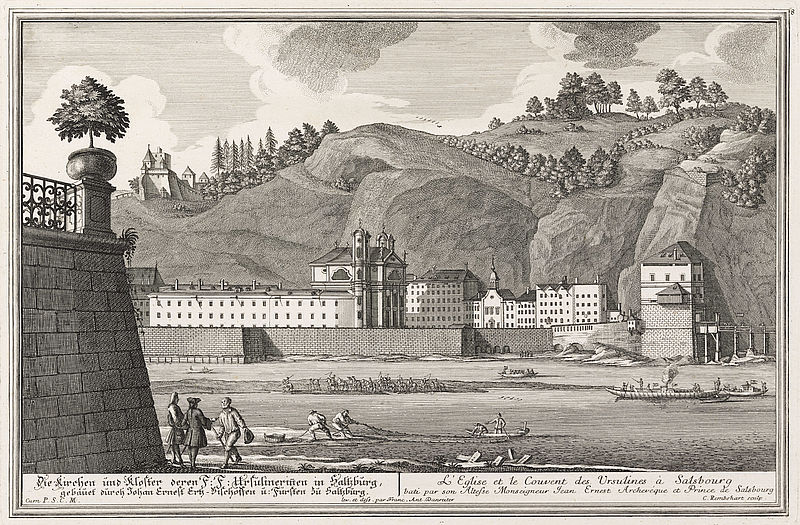 Die Kirchen und Kloster deren Ursulinerinen in Saltzburg, gebaut durch Johan Ernest Ertz-Bischoffen u: Fürsten zu Saltzburg.
L`Eglise et le Couvent des Ursulines à Salsbourg bati par son Altesse Monseigneur Jean Ernest Archevéque et Prince de Salsbourg