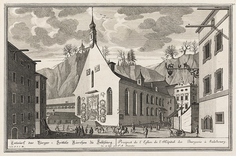 Entwurf der Bürger-Spittals Kürchen zu Saltzburg. / Prospect de l`Eglise de l`Hôpital des Burgeois à Salsbourg.