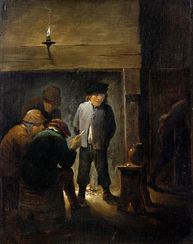 Bauern vor einem Kamin bei Kerzenlicht