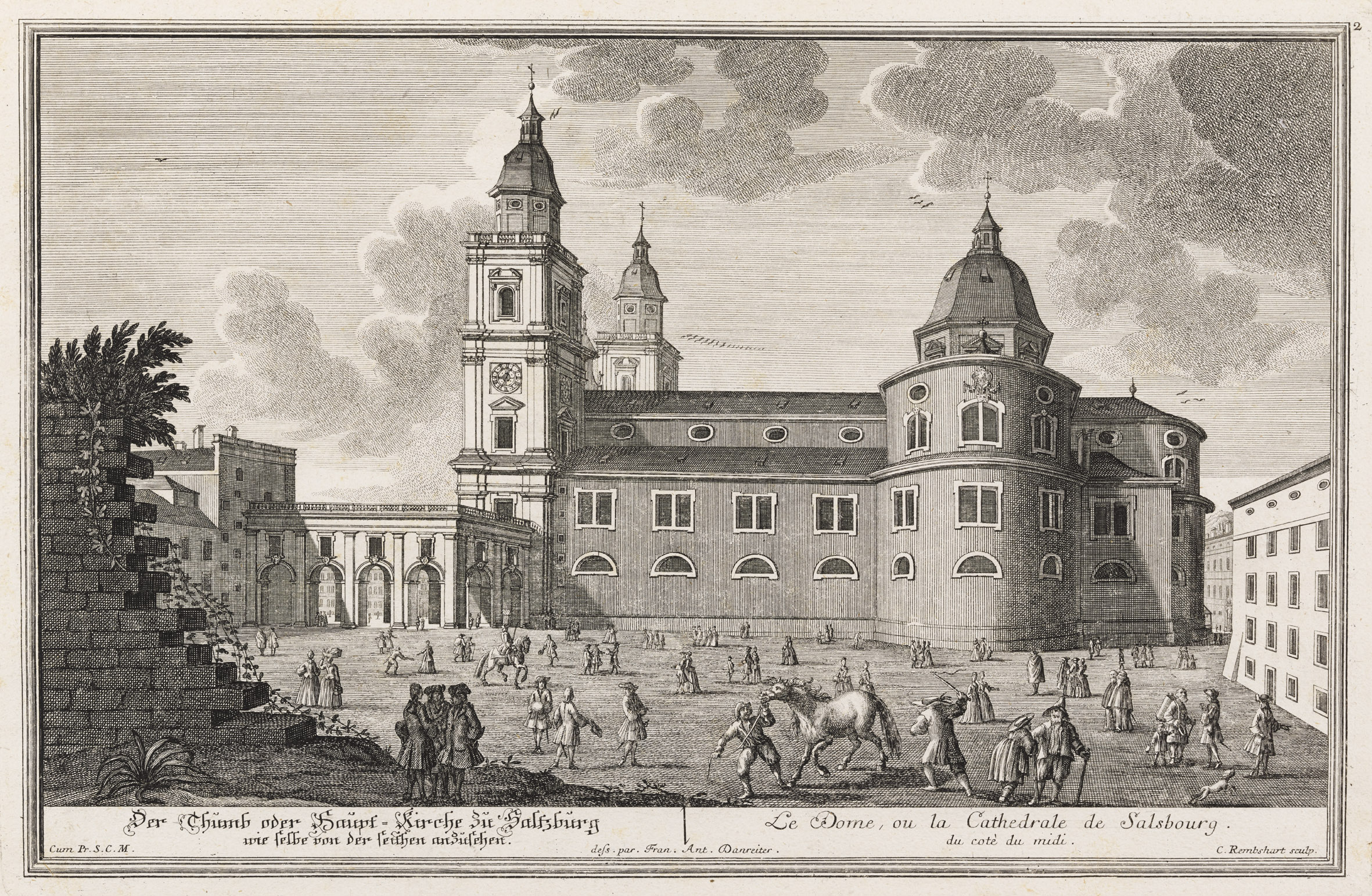 Der Thumb oder Haupt-Kirche zu Saltzburg wie selbe von der seithen anzusehen. / Le Dome, ou la Cathedrale de Salsbourg du cotè du midi.