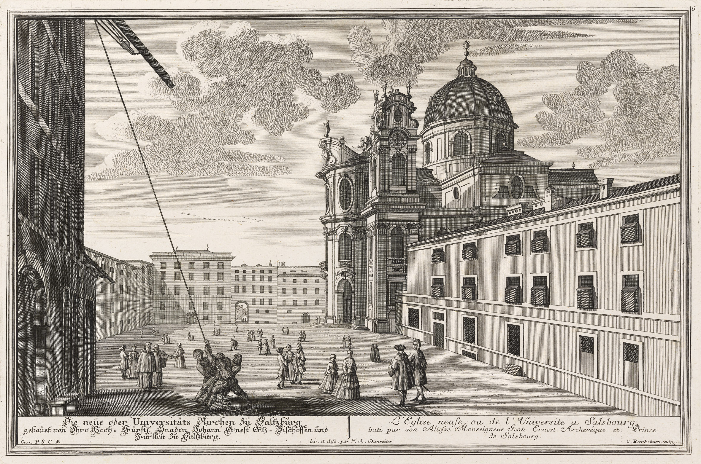 Die neue oder Universitäts Kirchen zu Saltzburg gebaut von Ihro Hoch-Fürstl. Gnaden Johann Ernest Ertz-Bischoffen und Fürsten zu Saltzburg. / L`Eglise neufe, ou de l`Université a Salsbourg bait par son Altesse Monseigneur Jean Ernest Archevéque et Prince de Salsbourg.