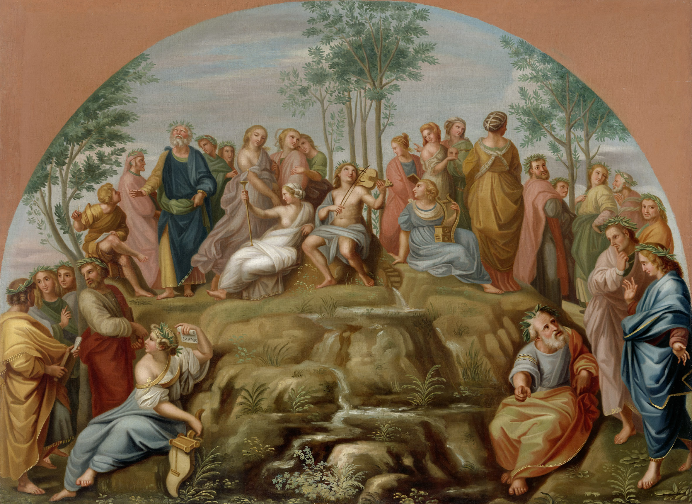 Parnass, Gemälde nach Raffael (1483 – 1520), Stanza della Segnatura, ab 1509, Fresko, Vatikanpalast, Rom