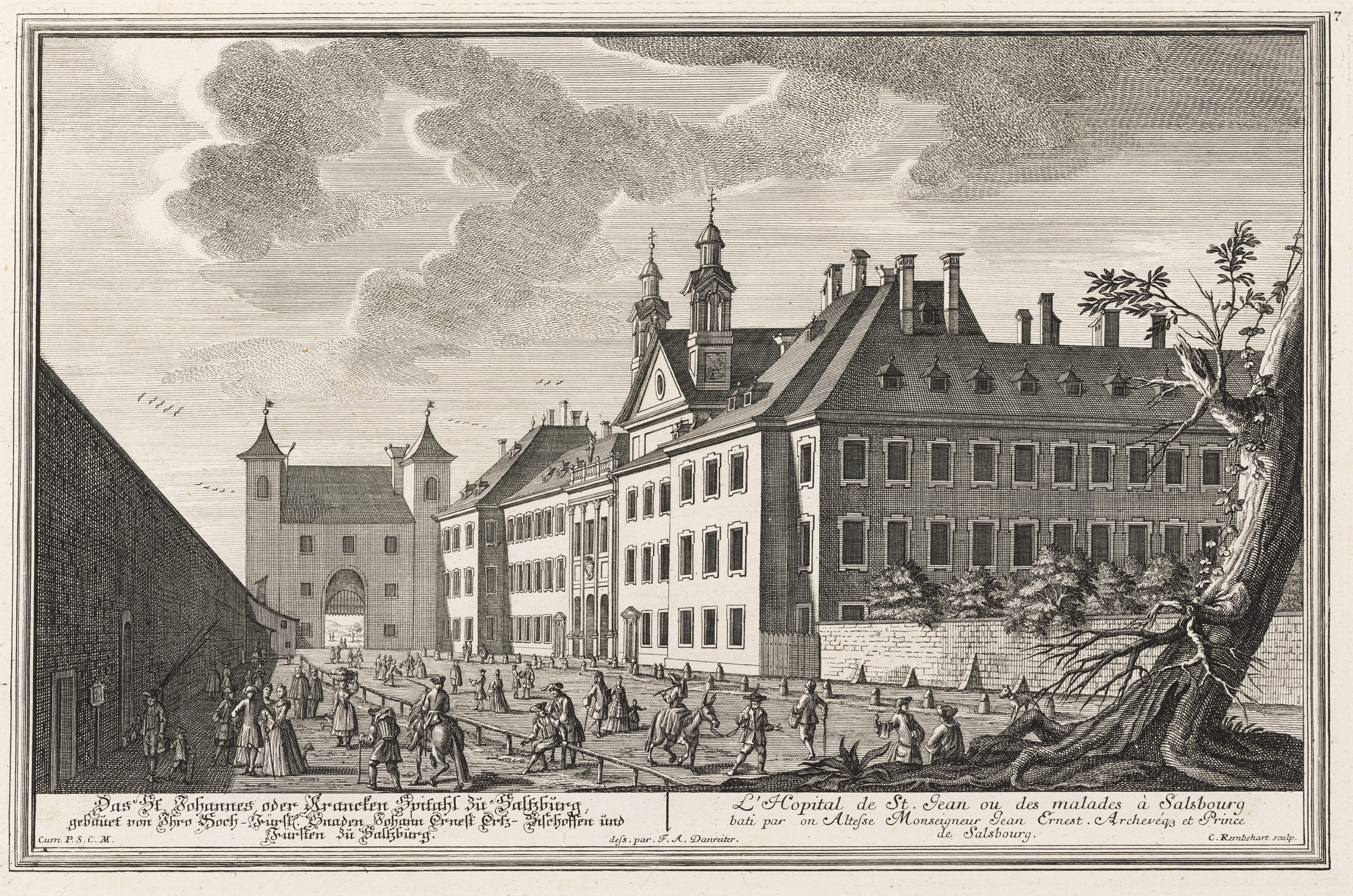 Das St. Johannes oder Krancken Spithal zu Saltzbur, gebaut von Ihre Hoch-Fürstl. Gnaden Johann Ertz-Bischoffen und Fürsten zu Saltzburg. /L`Hopital de St.Jean ou des malades à Salsbourg bati par son Altesse Monseigneur Jean Ernest. Archevéque et Prince de Salsbourg.