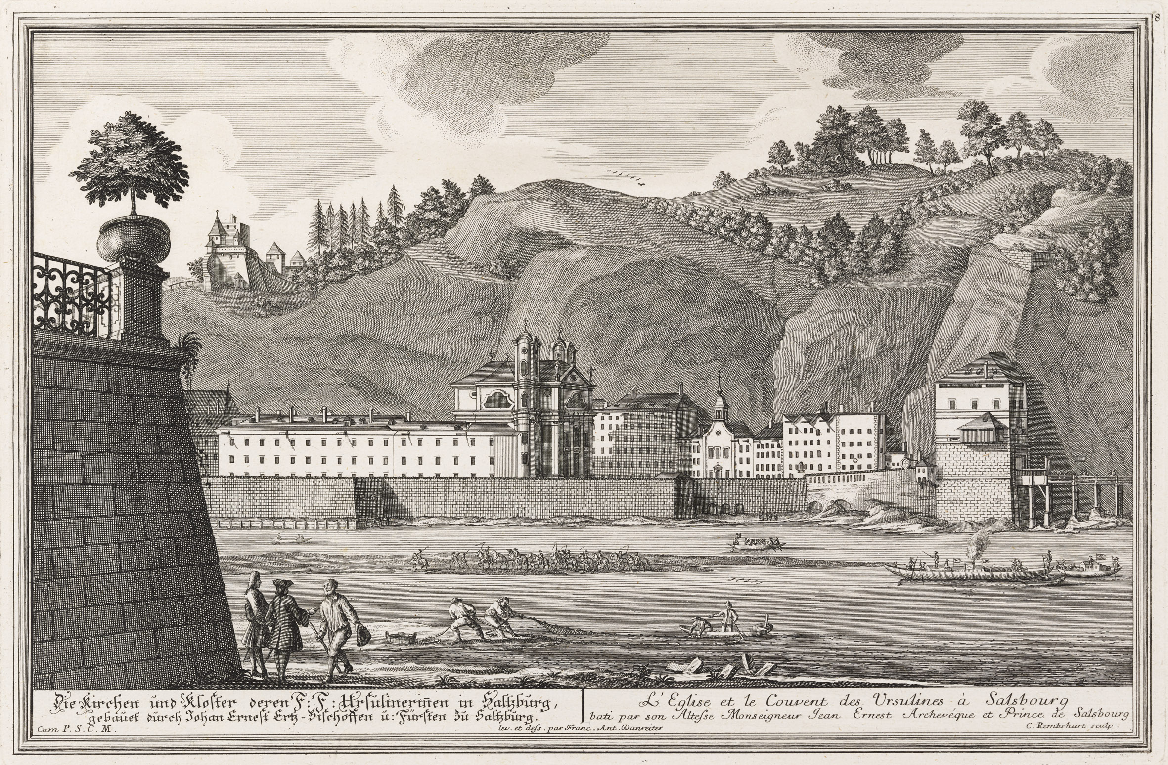 Die Kirchen und Kloster deren Ursulinerinen in Saltzburg, gebaut durch Johan Ernest Ertz-Bischoffen u: Fürsten zu Saltzburg.
L`Eglise et le Couvent des Ursulines à Salsbourg bati par son Altesse Monseigneur Jean Ernest Archevéque et Prince de Salsbourg