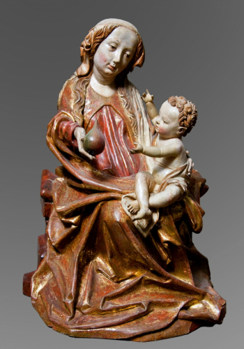 Thronende Madonna mit Kind, 1495/1500, Michael Pacher, Umkreis, Holz, gefasst, vergoldet, Leihgabe des Ursulinenkonvents Salzburg, ©Dommuseum, J. Kral