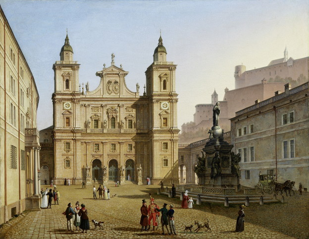 Johann Michael Sattler (1786–1847), The Cathedral Square with Column of the Virgin Mary and cathedral façade in Salzburg, 1827–1828, oil on canvas © Salzburg Museum