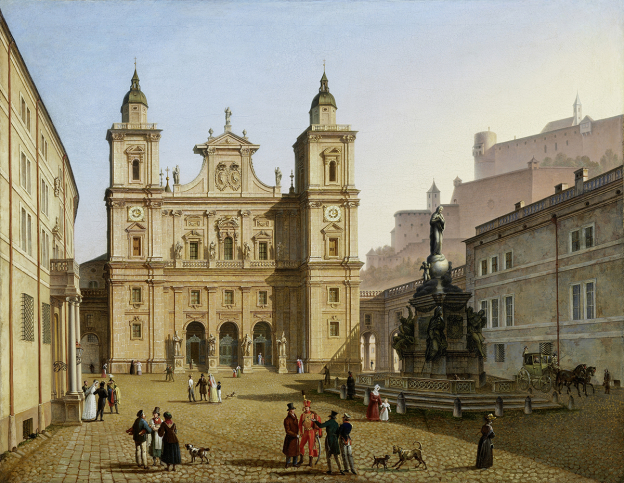 Johann Michael Sattler (1786–1847), Der Domplatz mit Mariensäule und Domfassade in Salzburg, 1827–1828, Öl auf Leinwand © Salzburg Museum