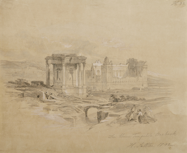 Hubert Sattler (1817–1904), Ruinen des Venus-Tempels in Baalbek (Libanon), 1842, Grafit, Aquarell, Weißerhöhung © Salzburg Museum