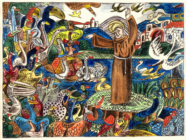 Franz von Zülow, Die Vogelpredigt, 1922, Lithografie, handkoloriert © Stiftsmuseum Klosterneuburg