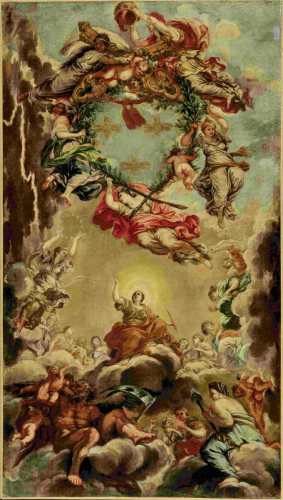 Nach Pietro da Cortona (1596-1669), Glorie des Hauses Barberini und Papst Urbans VIII. Wiederholung des Mittelteils des Deckenfreskos im Salone grande des Palazzo Barberini, Rom, nach 1632; Öl auf Leinwand © Salzburg Museum