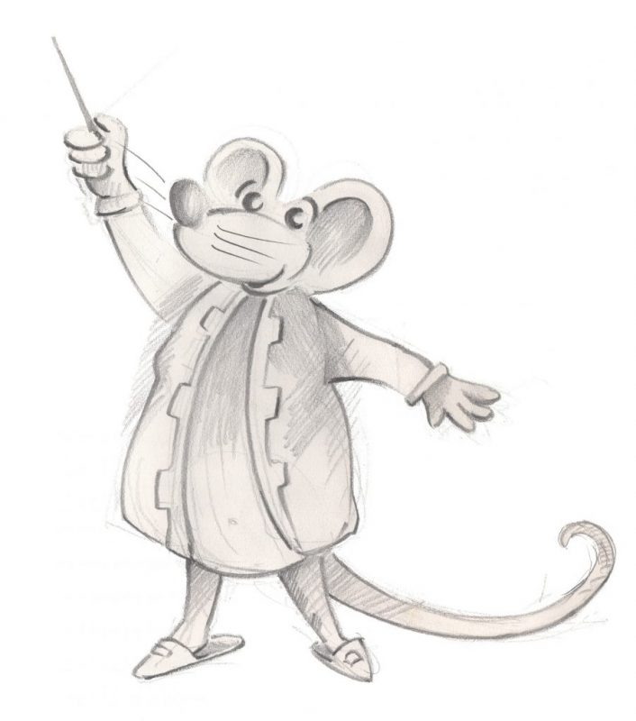 gezeichnete Maus mit Mantel und Dirigentenstab
