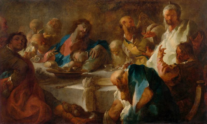 Um einem Tisch isst Jesus mit seinen Jüngern das Abendmahl. Im Bild links sitzt Judas und hält einen Geldbeutel hinter seinem Rücken. Die anderen Jünger wirken aufgebracht. Johannes ist zu jesus linker Seite eingeschlafen. Er hat seinen Kopf auf den Tisch gelegt.