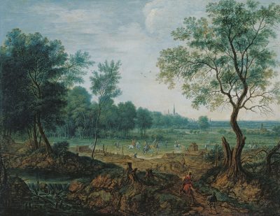 Landschaftsgemälde 'Eine Reiherbeize in Laxenburg bei Wien' im Domquartier Salzburg, zeigt eine idyllische Szenerie mit Jägern und Reihern in einem weitläufigen Park
